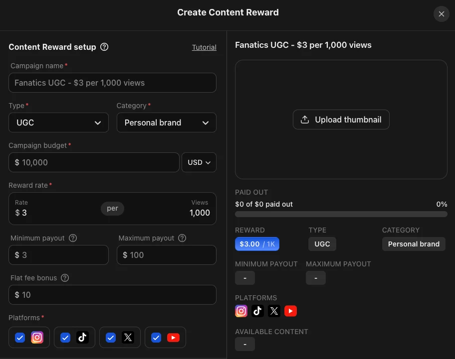 Whop Create Content Reward form: campaign name, type UGC, category, campaign budget in USD, reward rate of $3 per 1,000 views, minimum payout, maximum payout, flat fee bonus and platform checkboxes for Instagram, TikTok, X and YouTube.