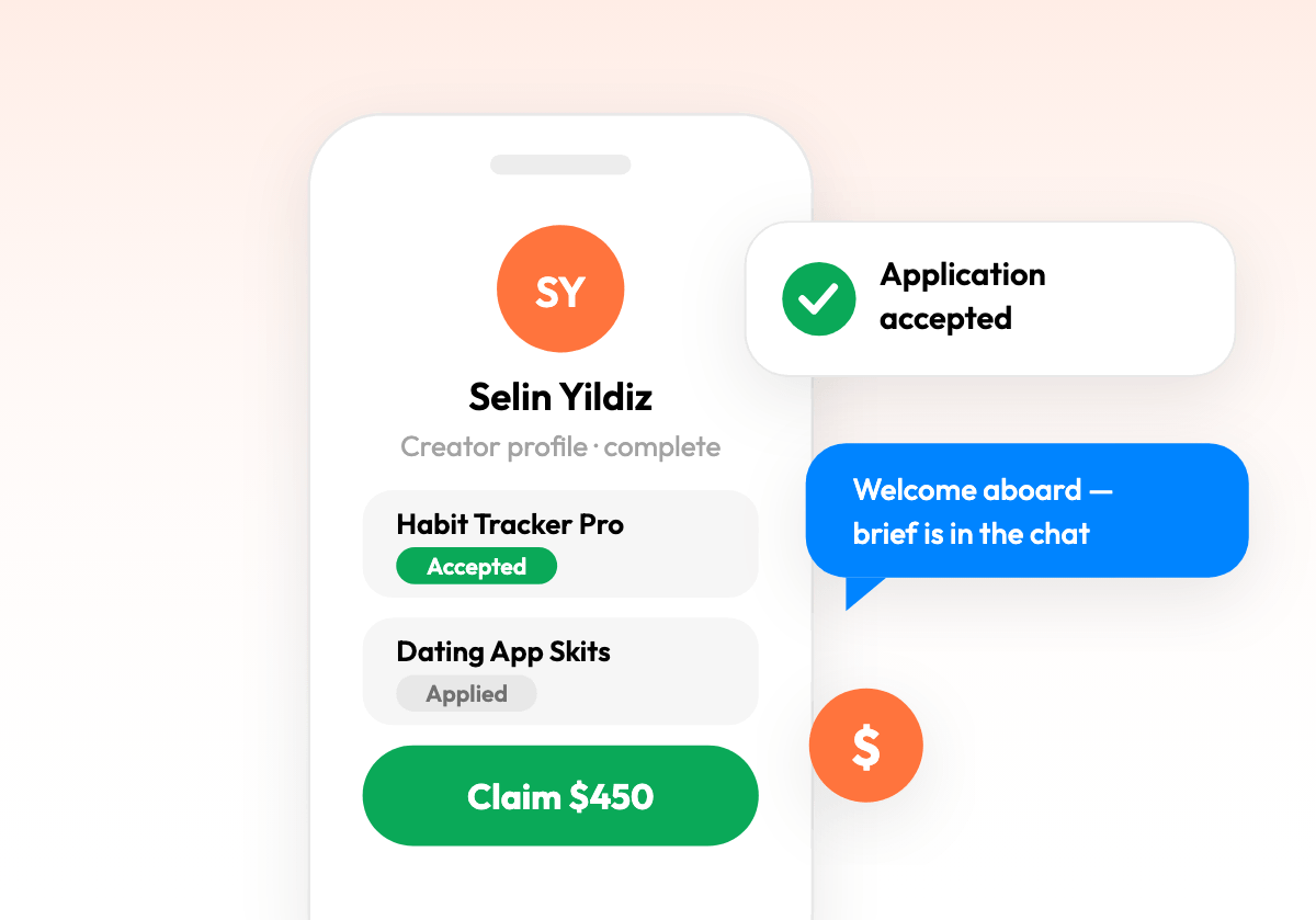 Creator dashboard with accepted application and payout claim