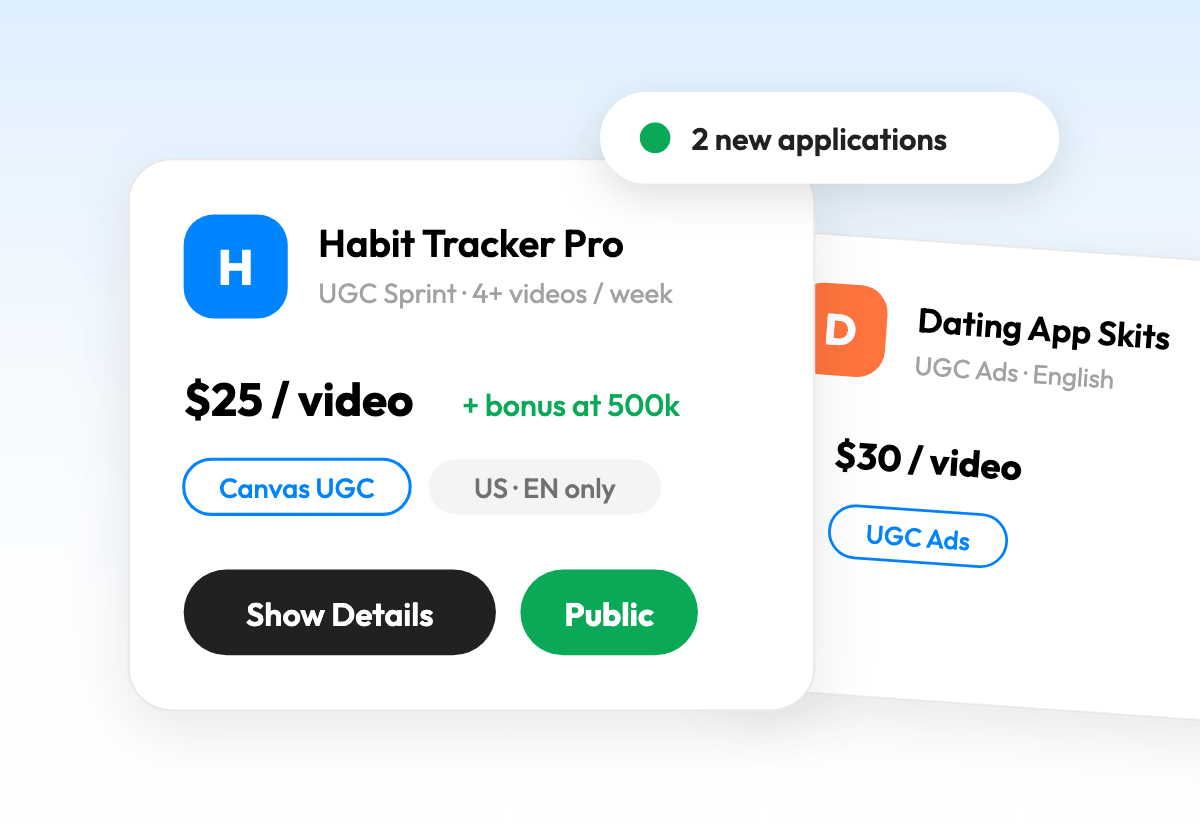 Job listings with statuses, application counts, job types, countries, and languages in viral.app Creator Hub