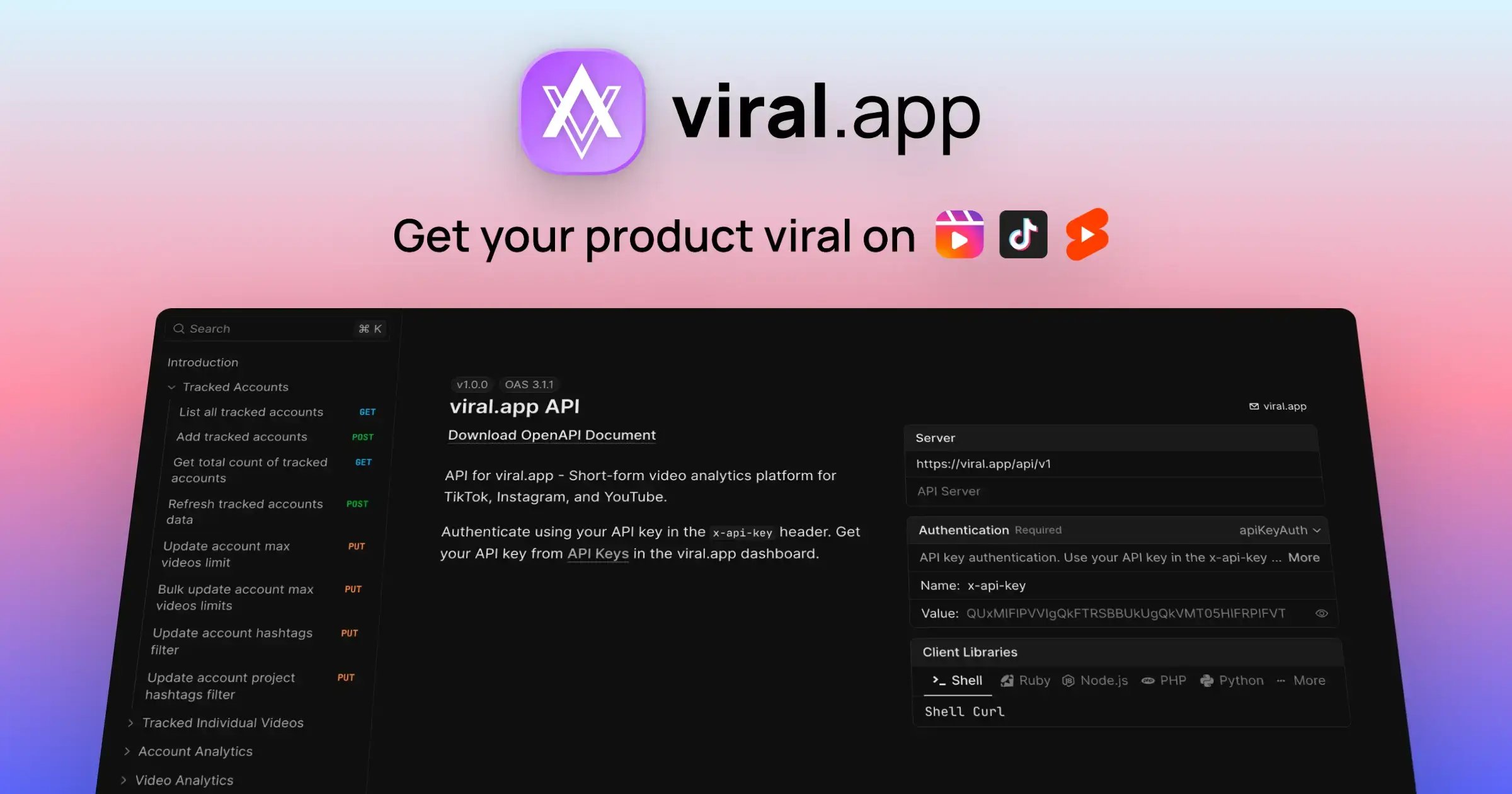 viral.app API - Programmatic Access to TikTok, Instagram & YouTube Analytics