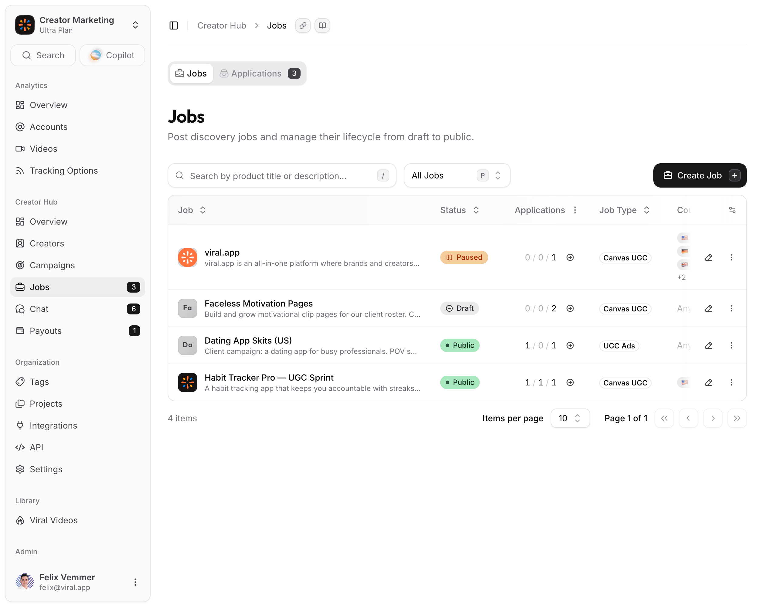 viral.app marketplace job listings in Creator Hub