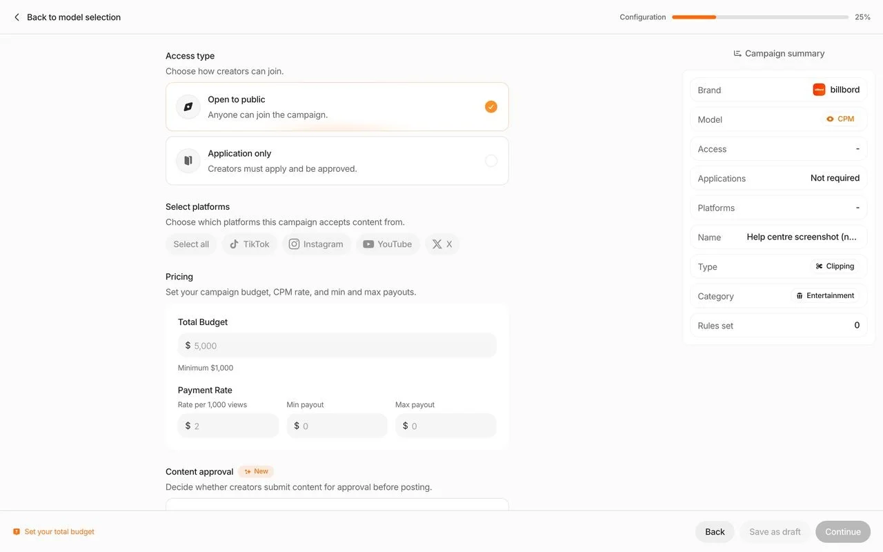 Content Rewards campaign wizard for a CPM campaign: access type open to public or application only, platforms TikTok, Instagram, YouTube and X, total budget with a $1,000 minimum, and rate per 1,000 views with minimum and maximum payout.