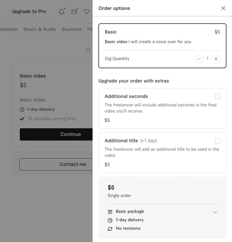 Fiverr's Order options panel for a voice-over gig: a Basic package at $5 with a quantity selector, extras for additional seconds and an additional title at $5 each, and a summary with 1-day delivery and no revisions.