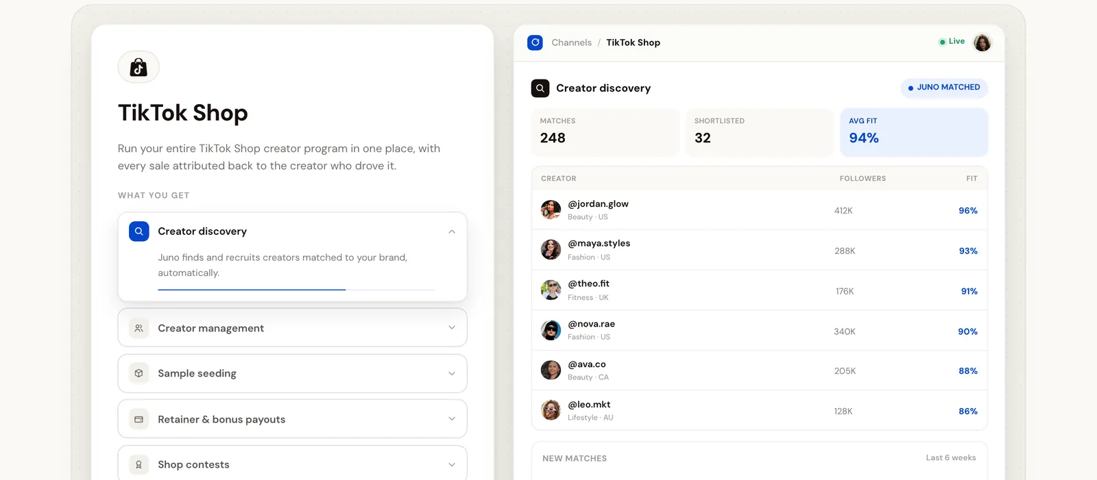 Growi's TikTok Shop channel with Juno creator discovery: matched creators listed by followers and a brand-fit score.