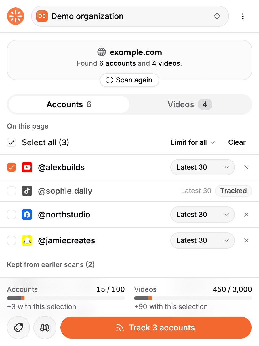 Checked rows from earlier pages stay in the list. viral.app Importer showing the accounts found on the current page above a Kept from earlier scans (2) group