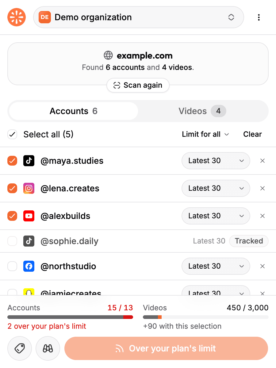 A selection that goes over the plan is caught before anything is sent. viral.app Importer with the Accounts meter at 15 of 13 and the button reading Over your plan's limit
