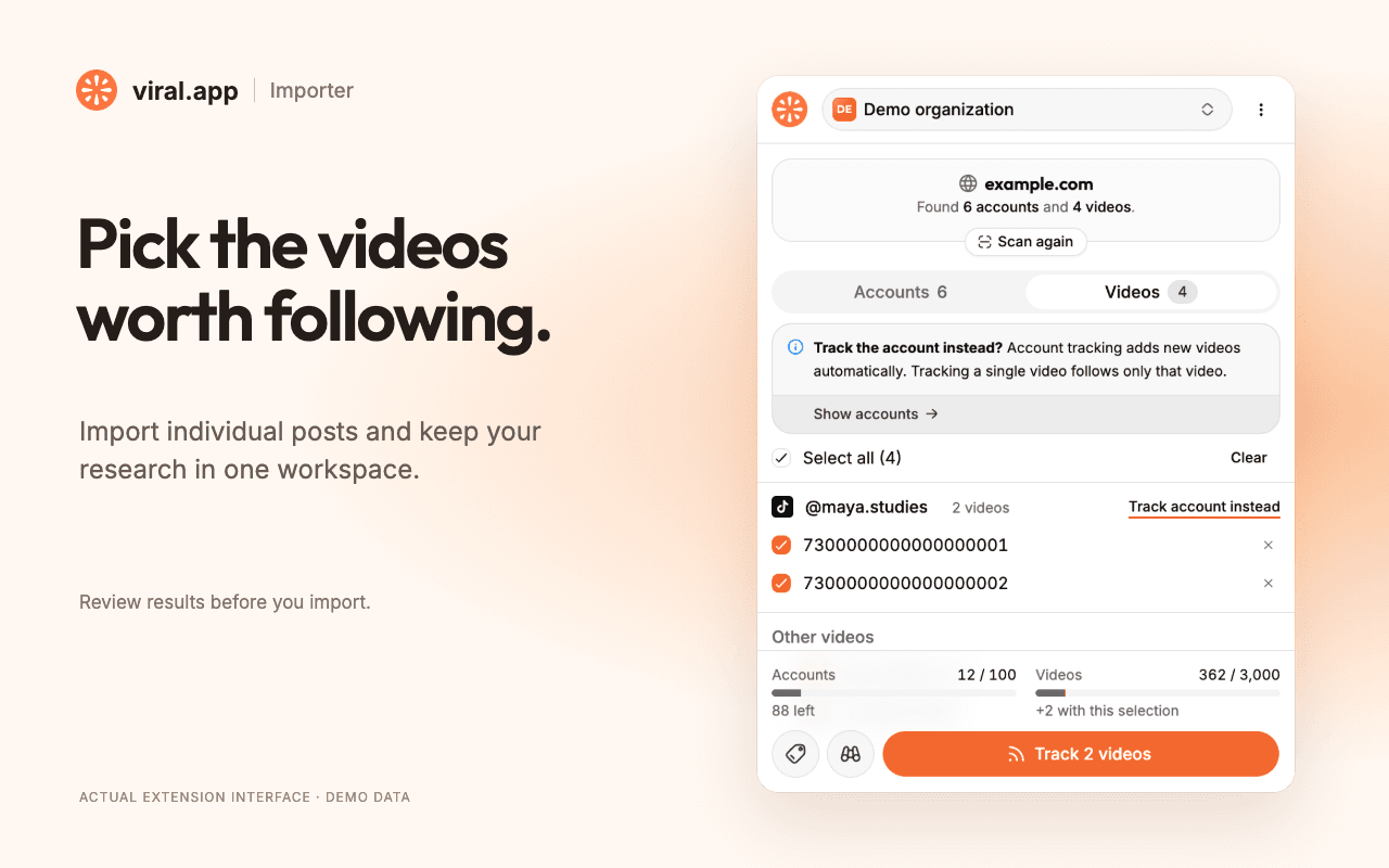 The Videos tab groups videos by creator and offers the account as the alternative. Videos tab of the viral.app Importer with two TikTok videos selected and a Track account instead link next to the creator