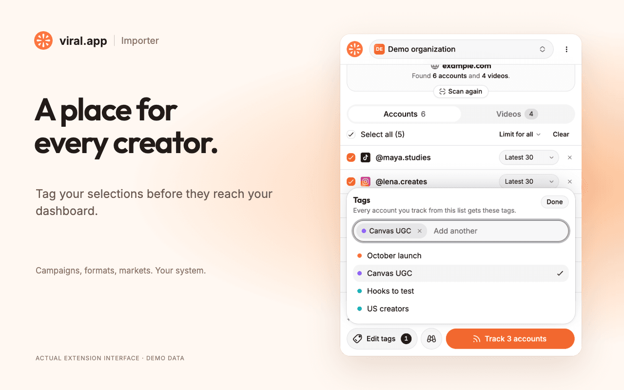 Tags picked here are applied to every account in the import. Tag picker in the viral.app Importer with the Canvas UGC tag selected for three accounts