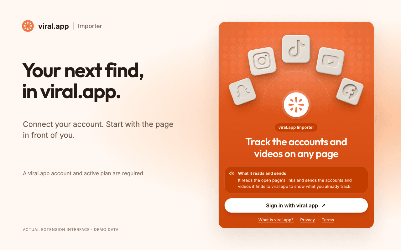 The sign-in screen says what the extension reads and sends before you connect your account. Sign-in screen of the viral.app Importer stating that it reads the open page's links and sends the accounts and videos it finds to viral.app