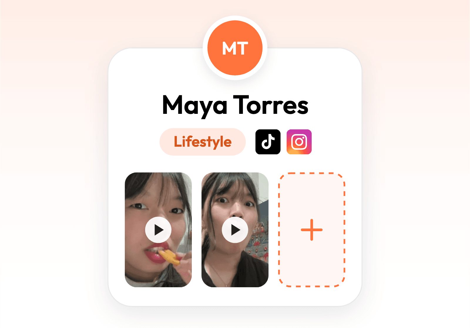 Maya Torres's creator profile with a Lifestyle niche, TikTok and Instagram, two sample videos and an empty slot to add more