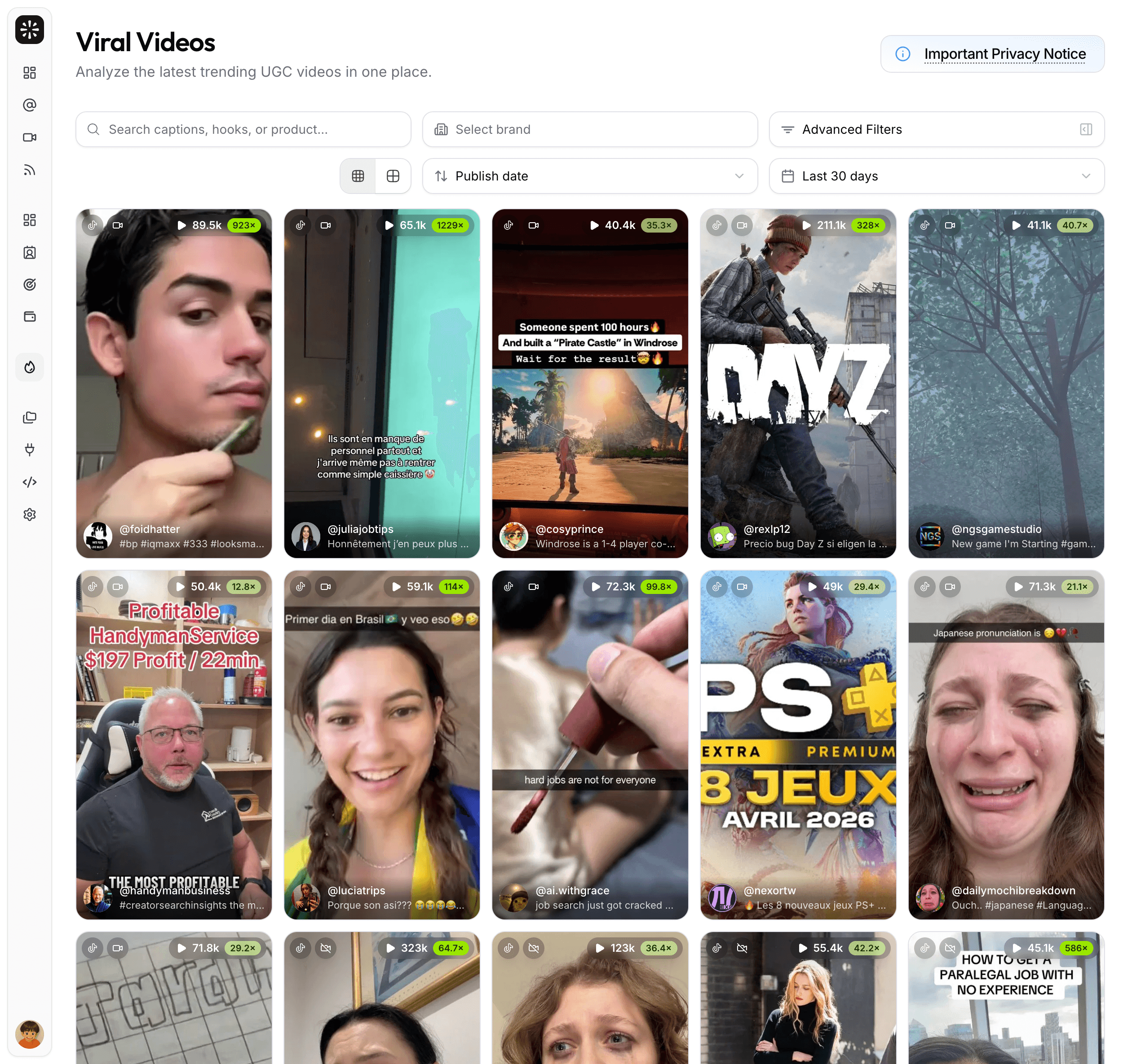 Viral video library used for UGC creator discovery